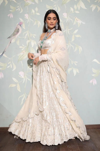 Anamika Khanna Ivory floral embroidered silk lehenga set ANAMJUL26D148825