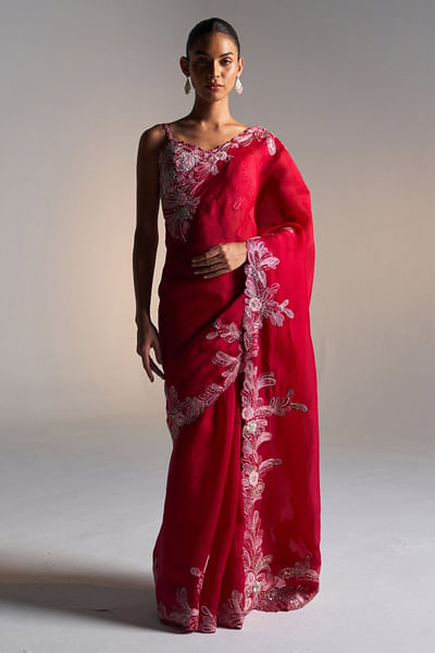 Jade blue floral paisley embroidered sari set