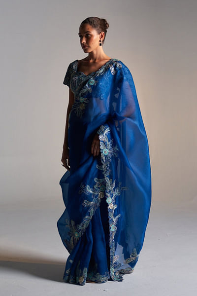 Cut ruby floral paisley embroidered sari set