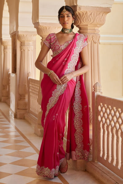 Dark fuchsia floral embroidered sari set