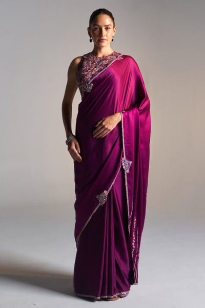 Aubergine floral embroidered sari set