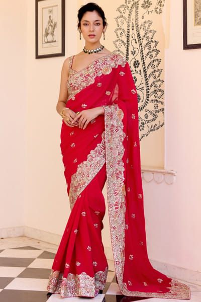 Red zardozi embroidered sari set