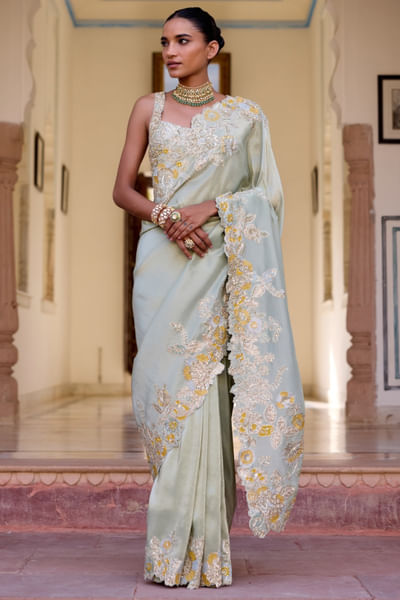 Sage green embroidered sari set