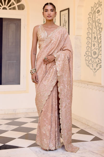 Caramel taupe hand embroidered sari set