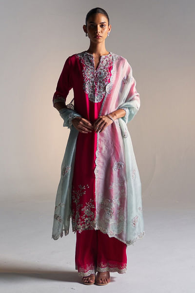 Rose red floral embroidered kurta set