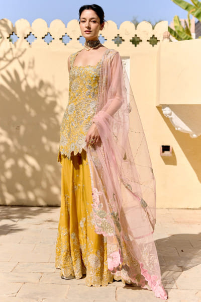 Yellow zardozi embroidered sharara set
