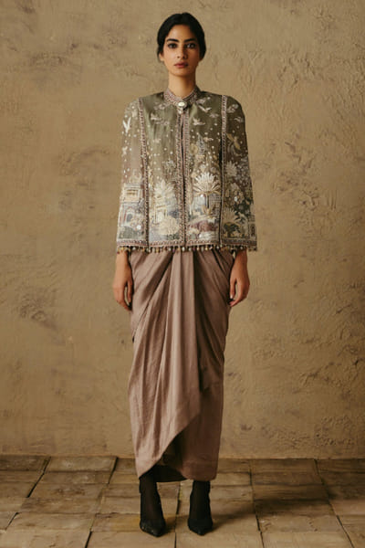 OTT By Tarun Tahiliani Taupe pichwai print embroidered chevron corset OTTBJUN26D147372