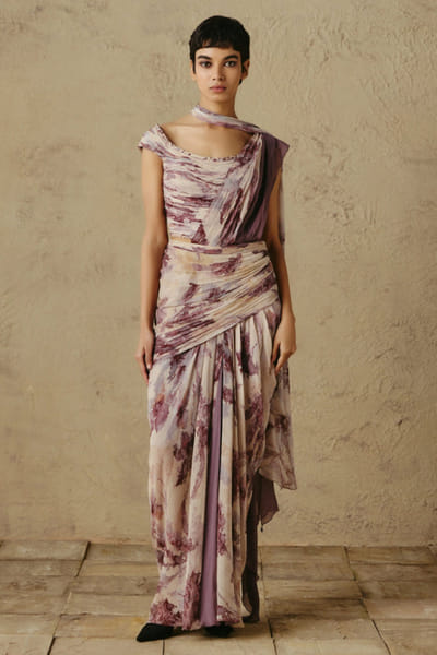 OTT By Tarun Tahiliani Beige-maroon handpainted floral print corset OTTBJUN26D147385