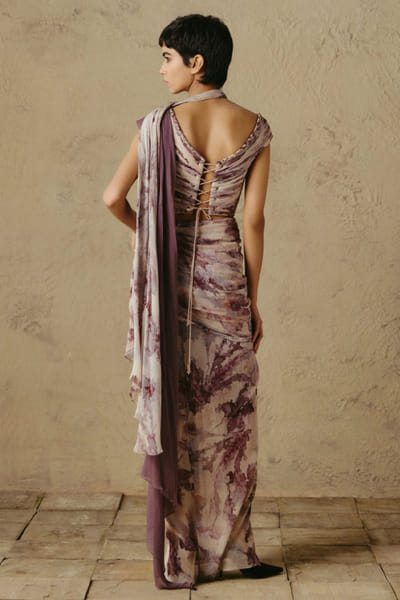 OTT By Tarun Tahiliani Beige-maroon handpainted floral print corset OTTBJUN26D147385