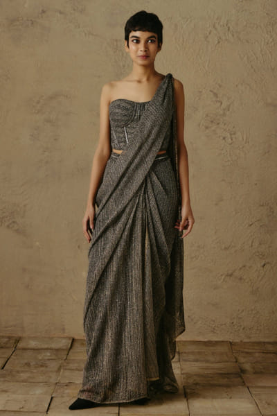 OTT By Tarun Tahiliani Grey knitted textured strapless corset OTTBJUN26D247411