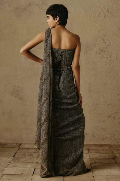 OTT By Tarun Tahiliani Grey knitted textured strapless corset OTTBJUN26D247411