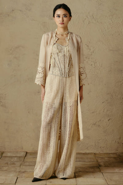 OTT By Tarun Tahiliani Ivory lace bead and pearl embroidered corset OTTBJUN26D247402