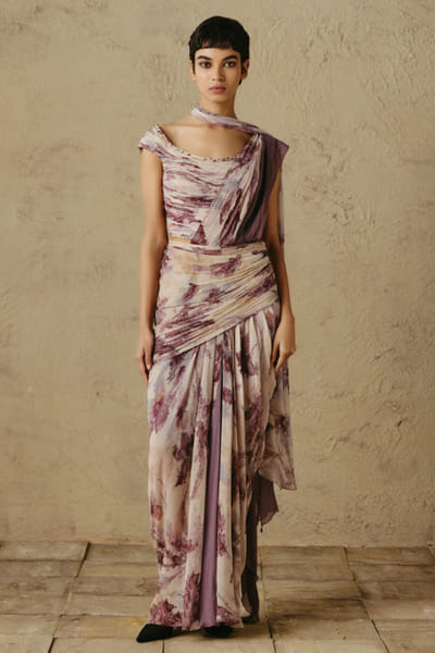 OTT By Tarun Tahiliani Beige-maroon handpainted pre-draped sari set OTTBJUN26D147384