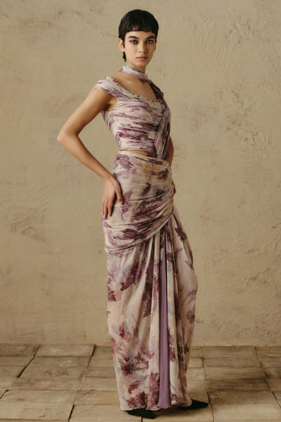 OTT By Tarun Tahiliani Beige-maroon handpainted pre-draped sari set OTTBJUN26D147384