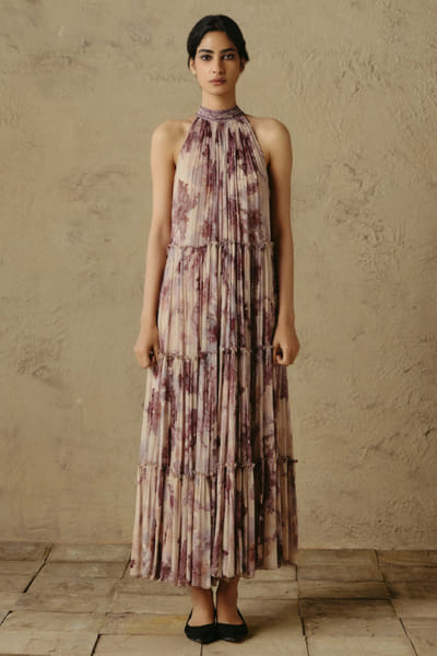 OTT By Tarun Tahiliani Beige-maroon handpainted floral print dress OTTBJUN26D147383