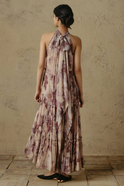 OTT By Tarun Tahiliani Beige-maroon handpainted floral print dress OTTBJUN26D147383