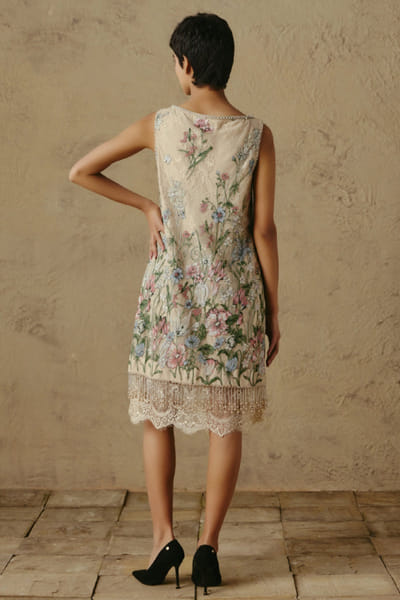 OTT By Tarun Tahiliani Ivory floral and lace embroidered shift dress OTTBJUN26D247415