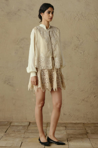 OTT By Tarun Tahiliani Ivory lace embroidered jacket OTTBJUN26D147378