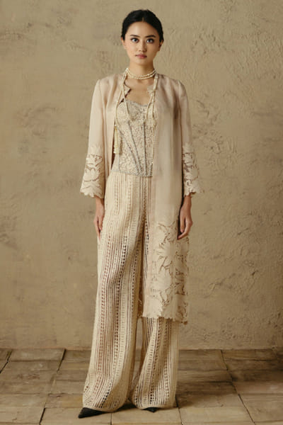 OTT By Tarun Tahiliani Ivory cutwork lace embroidered long jacket OTTBJUN26D247401