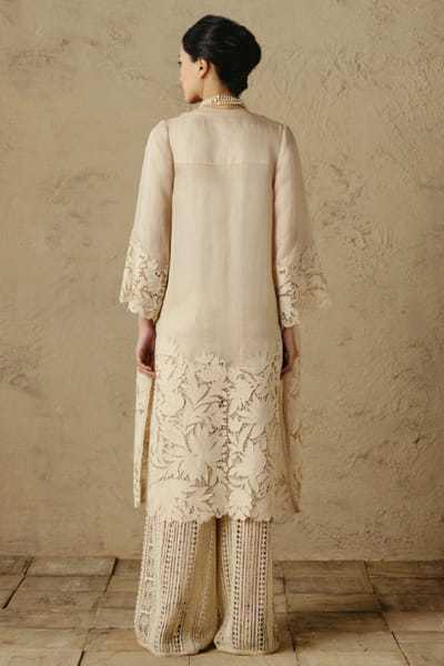 OTT By Tarun Tahiliani Ivory cutwork lace embroidered long jacket OTTBJUN26D247401