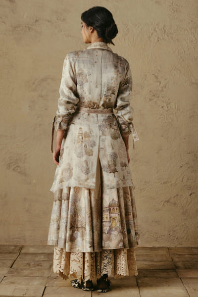 OTT By Tarun Tahiliani Ivory handpainted pichwai print belted jacket OTTBJUN26D147370