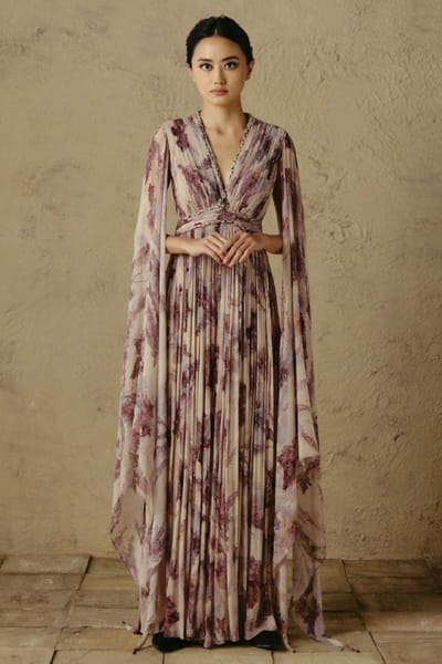 OTT By Tarun Tahiliani Beige-maroon handpainted floral print jumpsuit OTTBJUN26D147382