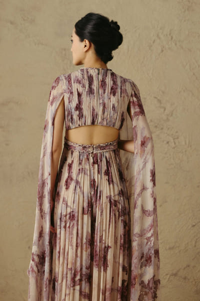 OTT By Tarun Tahiliani Beige-maroon handpainted floral print jumpsuit OTTBJUN26D147382