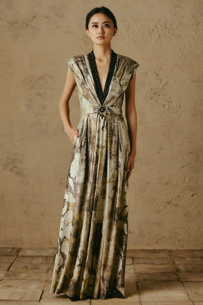 OTT By Tarun Tahiliani Black-ecru printed embroidered neck jumpsuit OTTBJUN26D247429