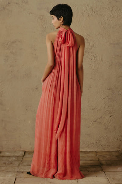 OTT By Tarun Tahiliani Orange pleated halterneck jumpsuit OTTBJUN26D147368