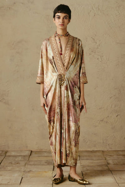 OTT By Tarun Tahiliani Ecru-blush printed hand embroidered kaftan OTTBJUN26D247421