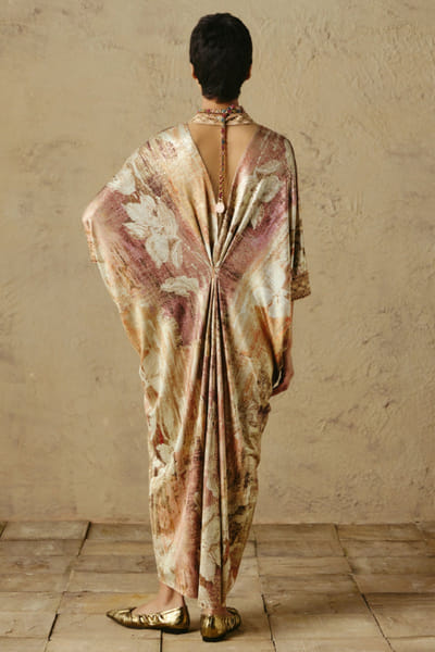 OTT By Tarun Tahiliani Ecru-blush printed hand embroidered kaftan OTTBJUN26D247421