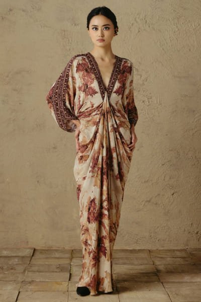 OTT By Tarun Tahiliani Ecru handpainted embroidered kaftan OTTBJUN26D147381