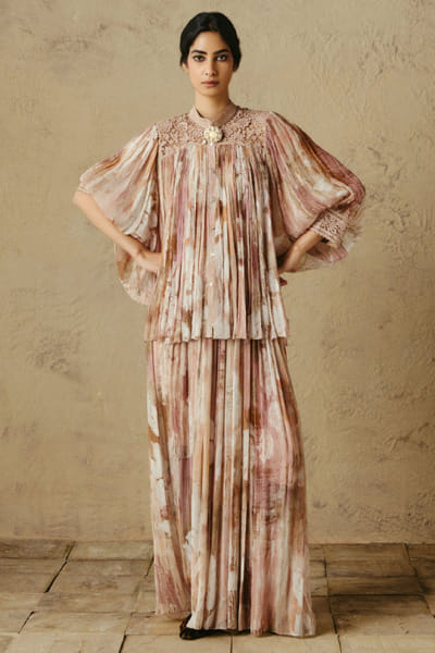 OTT By Tarun Tahiliani Blush floral print lace cutwork shirt OTTBJUN26D247420
