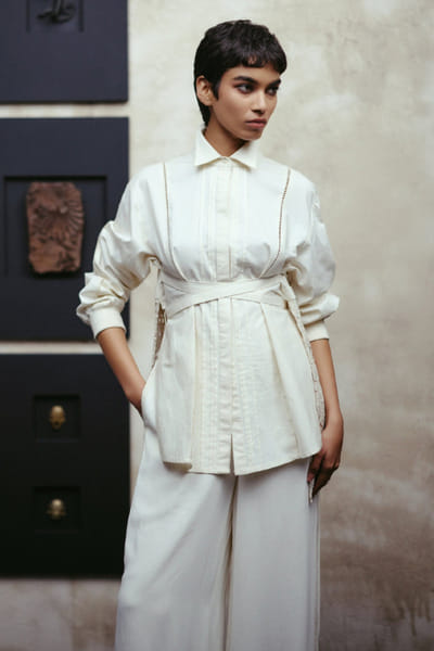 OTT By Tarun Tahiliani Ivory cross belted cotton shirt OTTBJUN26D247400