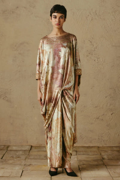 OTT By Tarun Tahiliani Ecru-blush abstract floral print draped skirt OTTBJUN26D247419