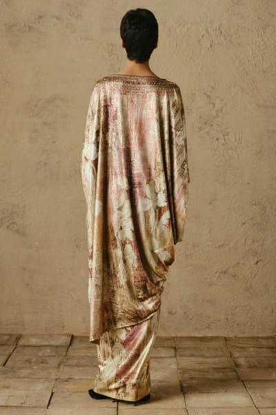 OTT By Tarun Tahiliani Ecru-blush abstract floral print draped skirt OTTBJUN26D247419