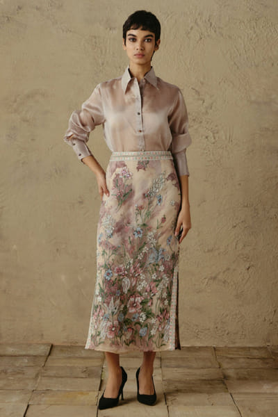 OTT By Tarun Tahiliani Blush pink floral embroidered pencil skirt OTTBJUN26D247413