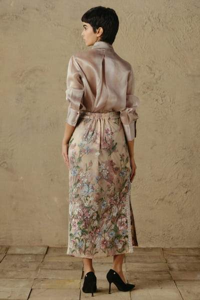 OTT By Tarun Tahiliani Blush pink floral embroidered pencil skirt OTTBJUN26D247413