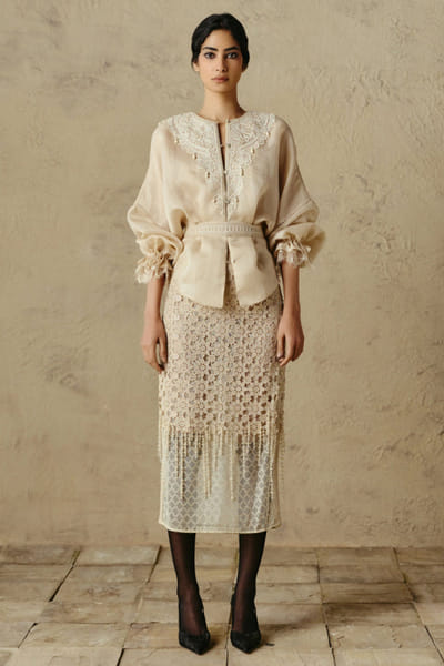 OTT By Tarun Tahiliani Ivory cutwork lace floral motif midi skirt OTTBJUN26D147376