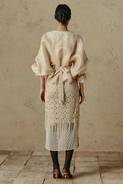 OTT By Tarun Tahiliani Ivory cutwork lace floral motif midi skirt OTTBJUN26D147376