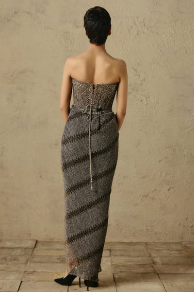 OTT By Tarun Tahiliani Grey-gold knitted textured draped skirt OTTBJUN26D247407