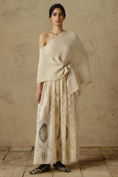 OTT By Tarun Tahiliani Ivory tonal hand embroidered maxi skirt OTTBJUN26D147362
