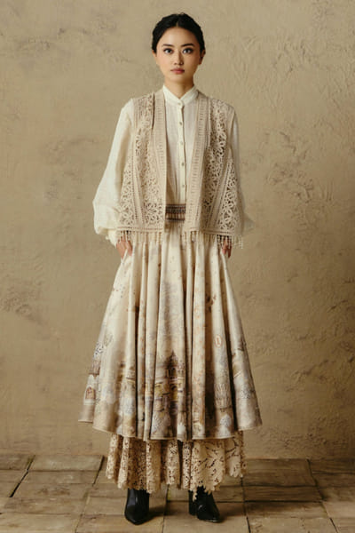 OTT By Tarun Tahiliani Ivory pichwai print cutwork skirt OTTBJUN26D147366