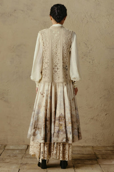 OTT By Tarun Tahiliani Ivory pichwai print cutwork skirt OTTBJUN26D147366