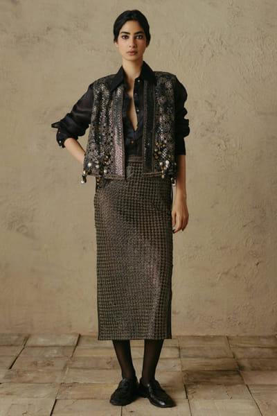 OTT By Tarun Tahiliani Black and gold textured pencil midi skirt OTTBJUN26D247406