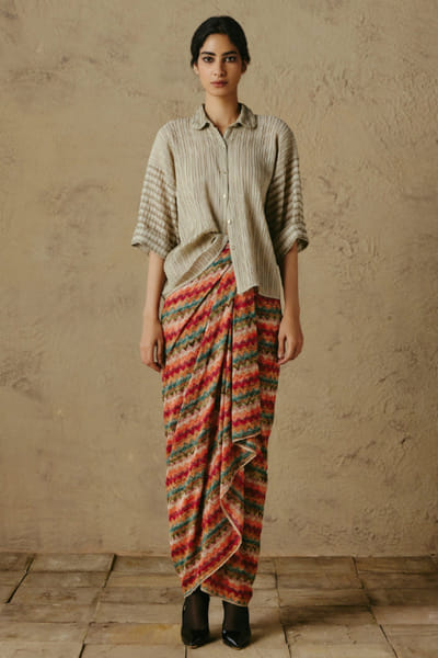 OTT By Tarun Tahiliani Multicolor knitted crochet chevron drape skirt OTTBJUN26D147387