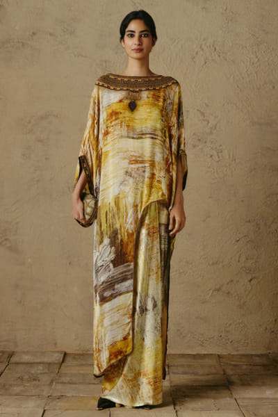 OTT By Tarun Tahiliani Yellow handpainted print asymmetric top OTTBJUN26D247428