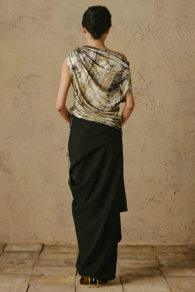 OTT By Tarun Tahiliani Black and ecru printed embellished top OTTBJUN26D247427