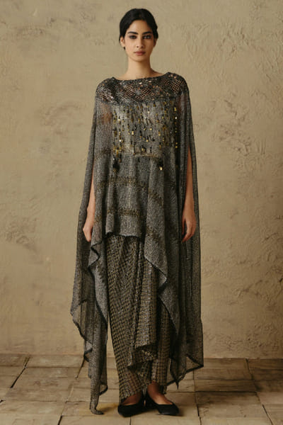 OTT By Tarun Tahiliani Black cutwork tasseled asymmetric cape top OTTBJUN26D247404