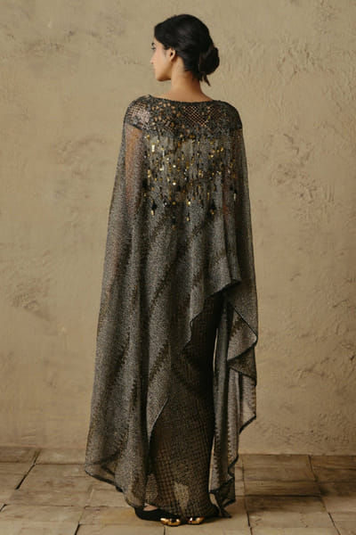 OTT By Tarun Tahiliani Black cutwork tasseled asymmetric cape top OTTBJUN26D247404
